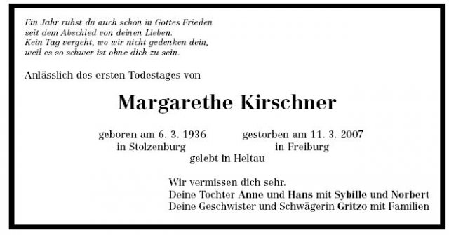Kirschner Margarethe 1936-2008Todesanzeige